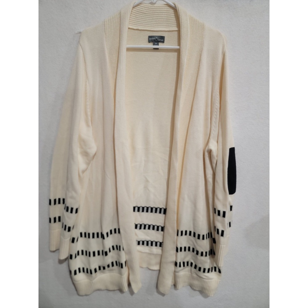 Market & Spruce Adelie Cardigan 2X Womens Ivory‎ Black Stripe Elbow Patch Open